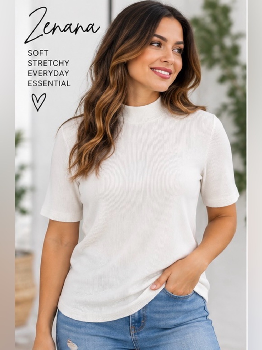 Zenana Outfitters Ivory Ribbed Short Sleeve Mock Neck Top NWOT New in Bag